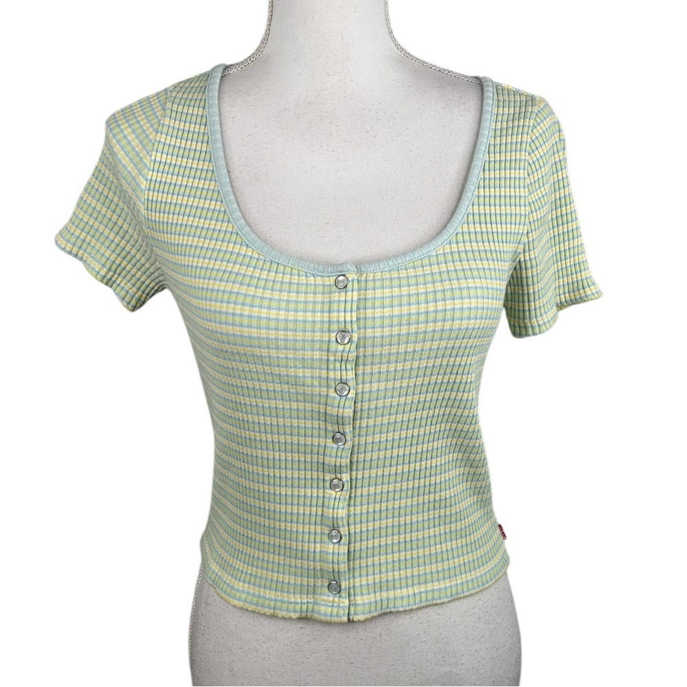 Levi's Yellow Blue Y2K Striped Ribbed Henley Short Sleeve Crop Top Size Medium